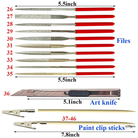 DIY Tool Kit For Gundam Gunpla Building And Dollhouse Miniatures with files, art knife, and paint clip sticks displayed.