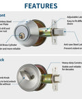 All New Deadbolt Door Lock Set Heavy Duty For Exterior Front Doors With ANSI BHMA Grade 3 Security Satin Brushed Nickel Finish, front and back view showing features like adjustable latch, brass cylinder, and anti-saw latch.