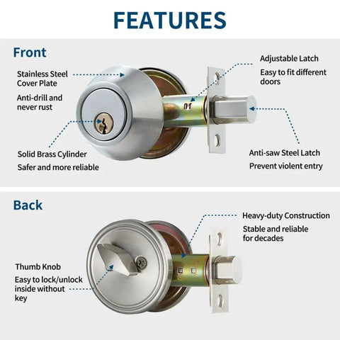 All New Deadbolt Door Lock Set Heavy Duty For Exterior Front Doors With ANSI BHMA Grade 3 Security Satin Brushed Nickel Finish, front and back view showing features like adjustable latch, brass cylinder, and anti-saw latch.