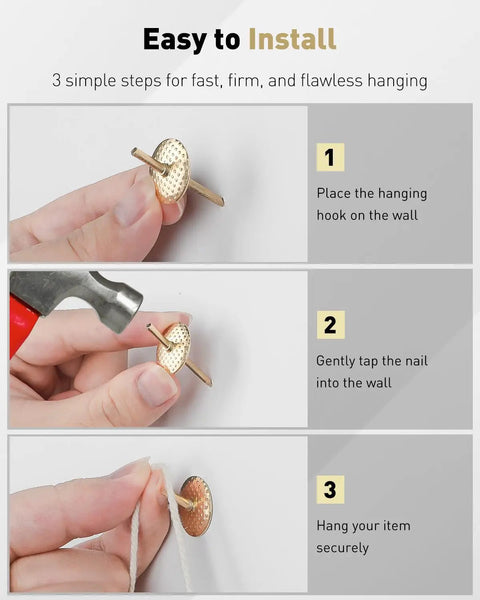 Top Tier 80 Piece Picture Hanging Kit featuring assorted bulletproof metal hooks being installed on a wall.