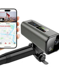 4K 30Fps Action Camera With GPS Tracker For Cyclists mounted on bike handlebars, shown with app on smartphone, IP65 waterproof.