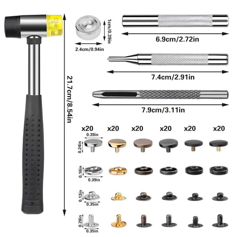 120 Sets Snap Fasteners Kit With 10mm Metal Snaps, Rubber Hammer, And 4 Setting Tools In 6 Colors For Fabric Clothes Jackets Jeans Bags And Leather DIY Projects