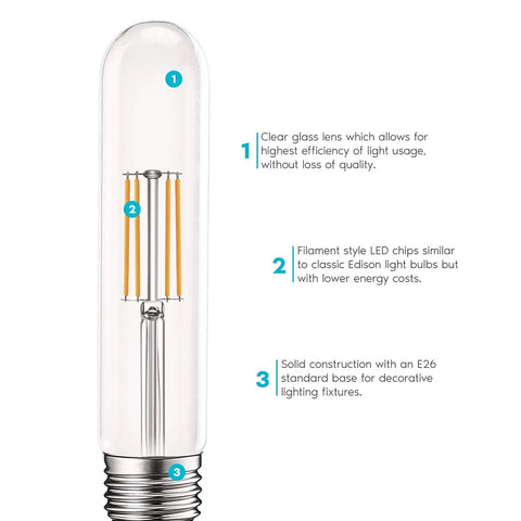 Close-up of Vintage T9 LED Tube Bulb with clear glass and E26 base, highlighting Edison style filament and energy efficiency.