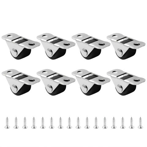 Smooth Rolling Mini Rigid Caster Wheels 8 Pack with rubber pads and metal plates for drawers and furniture glides.