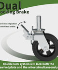 Built Tough Heavy Duty Eight Inch Scaffolding Wheels With Steel Casters And Dual Locking Brakes 1.25 Inch Stem close-up on locking mechanism.