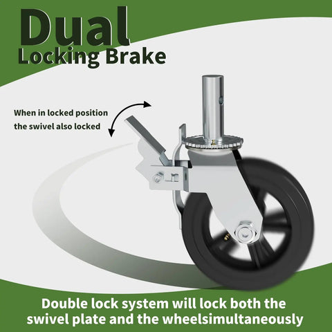 Built Tough Heavy Duty Eight Inch Scaffolding Wheels With Steel Casters And Dual Locking Brakes 1.25 Inch Stem close-up on locking mechanism.