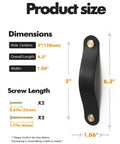 Black Leather Drawer Pulls 6 Pack 6.3 Inch Long Leather Handles dimensions with screw length details