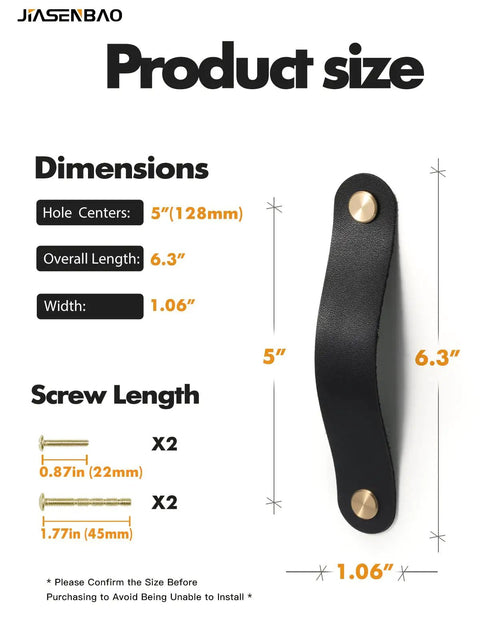 Black Leather Drawer Pulls 6 Pack 6.3 Inch Long Leather Handles dimensions with screw length details