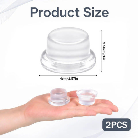 2 Pack Clear Silicone Door Stop Bumpers Self Adhesive Wall Protectors shown with dimensions on hand