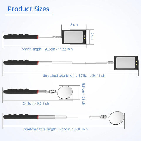 Cool 2 Piece Lighted Telescoping Inspection Mirror Set With Flexible Retractable LED Round Dental Mirror for size view