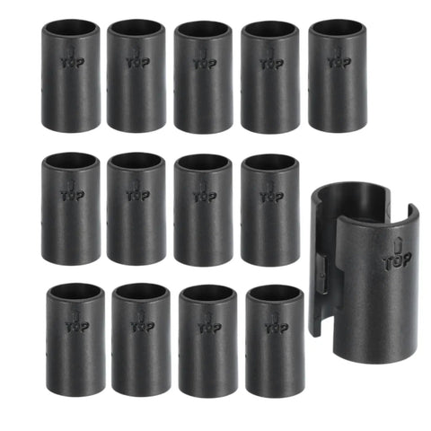 Locking Wire Shelf Clips Set 28 Pieces 14 Pairs Fits 1 Inch Posts 25mm Plastic Shelving Sleeves in a grid layout.