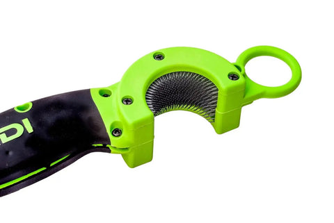 Close-up of BrushBlade Lineman Knife with dual function cutting blade and built-in wire brush, featuring green handle.