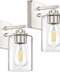 Set Of 2 Brushed Nickel Wall Sconces For Bathroom And Hallway Modern Farmhouse Vanity Lights With Clear Glass Shade Waterproof Wall Mount Lanterns