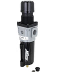 Half Inch NPT Piggyback Filter Regulator For Air Lines And Compressors, Up To 200 PSI, 100 SCFM Capacity, compact black and gray unit