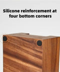 Close-up of Heavy Duty Wooden Espresso Knock Box With 58mm Tamper Base showing silicone reinforcement at corners.