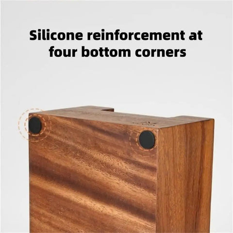 Close-up of Heavy Duty Wooden Espresso Knock Box With 58mm Tamper Base showing silicone reinforcement at corners.