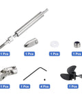 RC Boat Drive Shaft Kit With 36mm Propeller And Universal Joint, 100mm Shaft, 25mm Sleeve, DIY components displayed