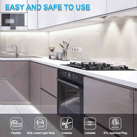 Modern kitchen with Motion Activated LED Rope Lights 32.8Ft With Day And Night Modes under cabinets, bright white illumination.