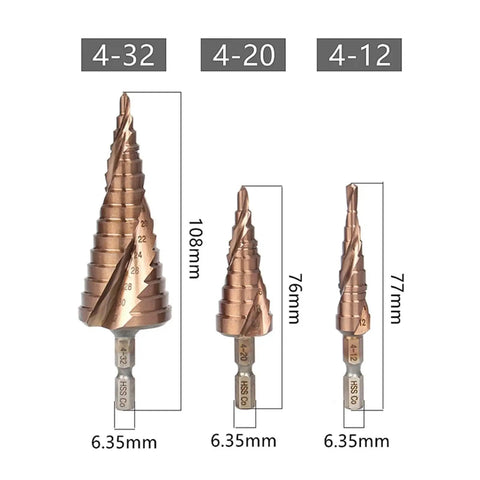 Super Sharp Hss M35 Cobalt Step Drill Bits Set For Stainless Steel And Metal, High Speed Spiral Flute Design With Hex Shank, Perfect For Heavy Duty DIY Projects And Precision Hole Cutting Tasks Like A Boss. M35 cobalt step drill bits in 4-32, 4-20, 4-12 sizes with 6.35mm hex shank