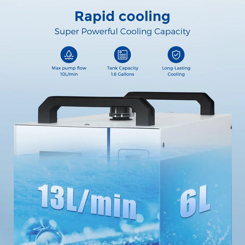 No Drama 6L Heavy Duty Water Chiller for CO2 Laser Cutters displaying tank capacity and pump flow rate.