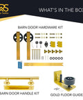 Big Wheel Barn Door Hardware Kit For Sliding Track Set With Large Rollers And Gold Finish Handle Bar Finger Pull Plate And Floor Guide Heavy Duty Interior Closet And Room Doors Track Length Six Feet Door Not Included - components displayed