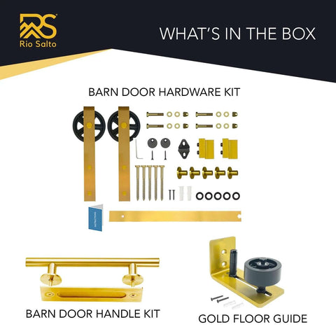Big Wheel Barn Door Hardware Kit For Sliding Track Set With Large Rollers And Gold Finish Handle Bar Finger Pull Plate And Floor Guide Heavy Duty Interior Closet And Room Doors Track Length Six Feet Door Not Included - components displayed