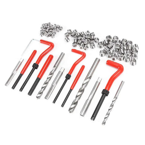 Ultimate 88 Piece Thread Repair Kit M6 M8 M10 with steel alloy threaded inserts, taps, drills, and red installation tools displayed.