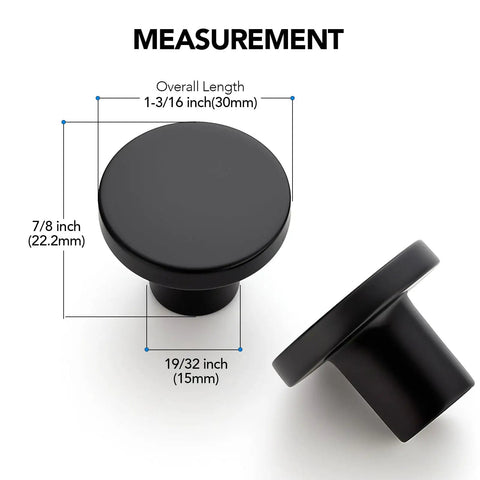10 Pack Matte Black Cabinet Knobs, 1.2 Inch Round Drawer Knobs For Kitchen Cabinets detailed with measurements