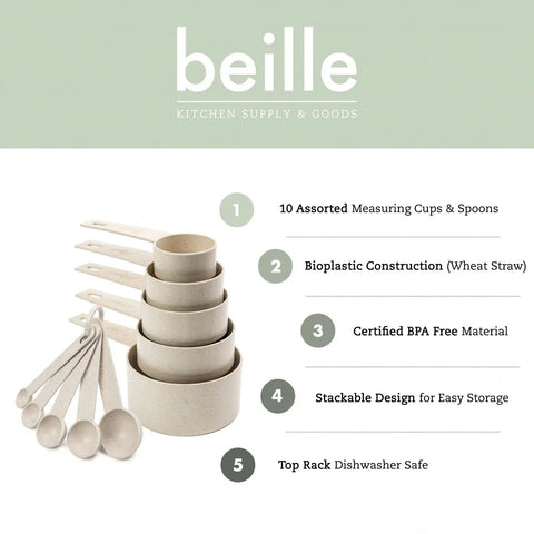 Beille Wheat Straw Measuring Cups And Spoons Set Ten Piece for cooking and baking, eco-friendly, BPA-free, stackable design