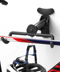 Bike Wall Mount Hanger Adjustable 2 Pack Space Saving Horizontal Bicycle Rack For Mountain Road And Hybrid Bikes Heavy Duty No Fuss Install In Garage Or Apartment Secure Home Storage showing bicycle mounted on wall with helmet hook.
