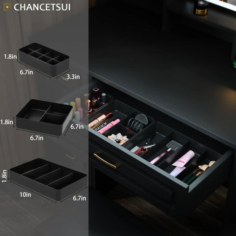 Bathroom Modular Drawer Organizer Set With Stackable 3 Piece Storage Trays for personal care and grooming tools in drawer.