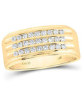Slick Triple Row Diamond Band Ring For Men In Top Shelf 14 Karat Yellow Gold With Half Carat Total Weight, showing three rows of diamonds.