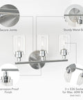 Modern 3-Light Vanity Fixture With Clear Ribbed Glass Shades In Nickel Finish For Bathroom shown with close-up details.