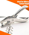Six Pack Single Hole Puncher Set In Shiny Silver, 8 Sheet Capacity Each, One Quarter Inch Circle Paper Punch For Crafts And School, Durable Handheld Hole Punch Tool on a notebook