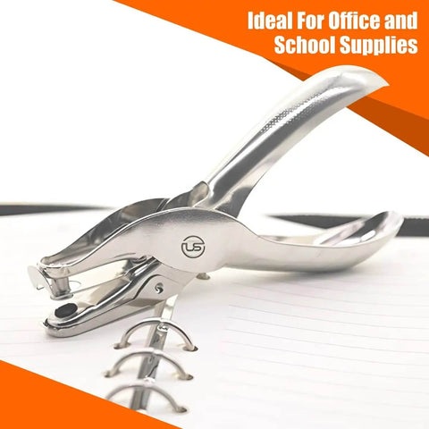 Six Pack Single Hole Puncher Set In Shiny Silver, 8 Sheet Capacity Each, One Quarter Inch Circle Paper Punch For Crafts And School, Durable Handheld Hole Punch Tool on a notebook