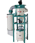 Heavy Duty Three Horsepower Cyclone Dust Collector Workhorse With Fifty Five Gallon Steel Drum and Slick Polyester Cartridge Filter for No Drama Shop Cleanup Projects and Air Purification, showcasing the unit's compact design and connection features.