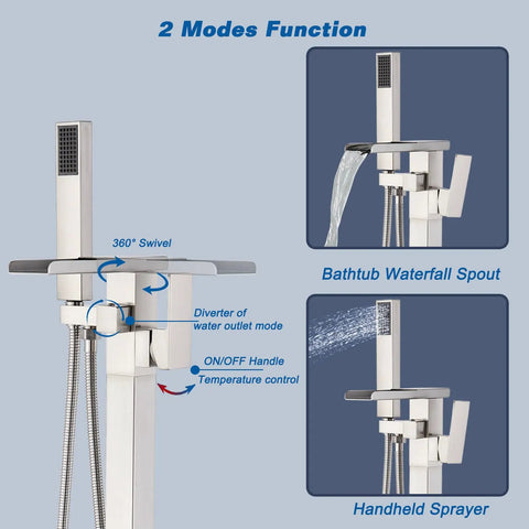 Top Notch Freestanding Bathtub Faucet Floor Mount Tub Filler With Waterfall High Flow Spout And Shower Mixer Faucet Brushed Nickel Brass Construction With Hand Shower, showing 2 modes function with spout and handheld sprayer.