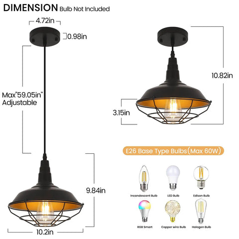 Dimensions diagram of Farmhouse Industrial Pendant Light 2-Pack, 10.2-Inch Black Pendant Lights for Kitchen Island with bulb types shown