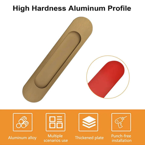 Self Stick Oval Sliding Door Pulls Set of 4 Aluminum Alloy Recessed Door Handles Punch Free Bronze Gold 180mm close-up view