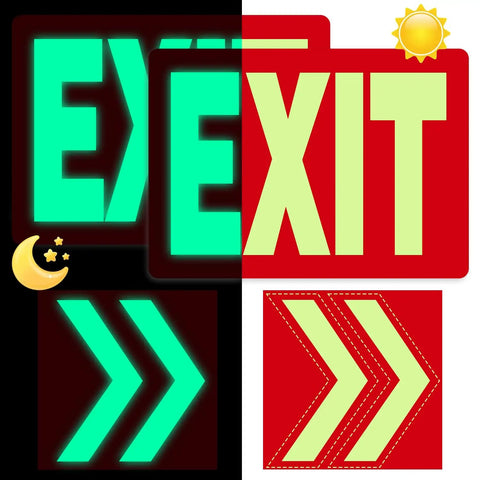 Glow In The Dark Emergency Exit Signs 2 Pack Photoluminescent Vinyl For 50 Feet Visibility No Wiring Needed Flexible Arrows System For Easy Setup Lets You Show Clear Safe Path In Any Hallway Or Stairwell, exit sign with arrows