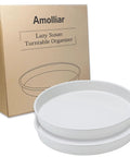 Smooth Spinning White Metal Lazy Susan Turntable Two Pack Compact Rotating Kitchen Cabinet Organizer And Countertop Rack For Pantry Storage in packaging and displayed.