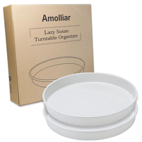 Smooth Spinning White Metal Lazy Susan Turntable Two Pack Compact Rotating Kitchen Cabinet Organizer And Countertop Rack For Pantry Storage in packaging and displayed.