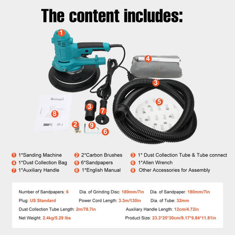 Variable Speed Handheld Electric Drywall Sander With Automatic Vacuum System, collection bag, and accessories displayed on a white background