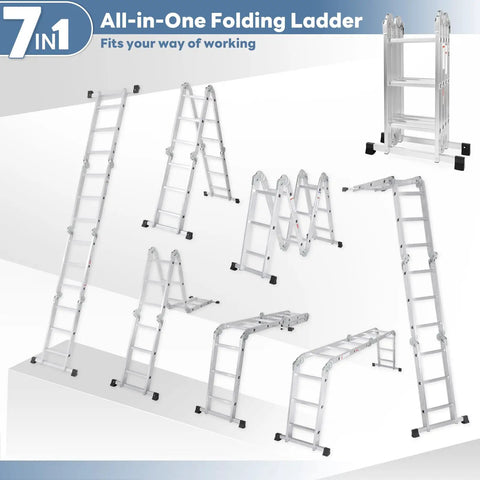 Lightweight Folding Ladder For Home And Outdoors Extendable A Frame Step Ladder With Sturdy Locking Joints Anti Slip Feet Stable Leaning And A Frame Modes Portable DIY Tool For Roof Garage Attic And More, 7-in-1 aluminum
