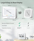 Front view of WiFi Thermometer Hygrometer With Weather Station And E Ink Display IBS TH5 showing dimensions and display features.