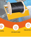 Rock Solid Heavy Duty Cable Drum Roller Stand Smooth Rolling Wire Reel Dispenser Fits Thirty To Seventy Centimeter Spools Supports One Thousand Pounds showcasing a black wire spool on a yellow roller stand.