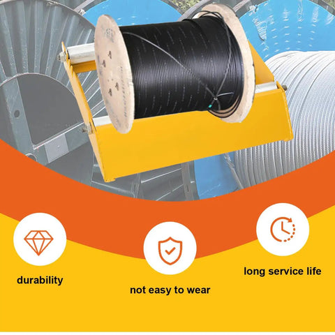 Rock Solid Heavy Duty Cable Drum Roller Stand Smooth Rolling Wire Reel Dispenser Fits Thirty To Seventy Centimeter Spools Supports One Thousand Pounds showcasing a black wire spool on a yellow roller stand.