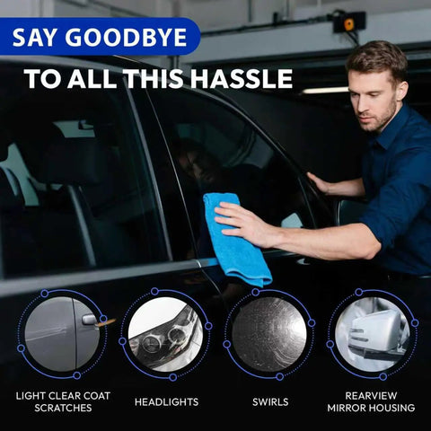 Man using New Upgraded Car Scratch Remover Kit For Vehicles Blemishes And Swirl Marks Non Toxic Paint Repair with microfiber towel