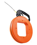 100 Foot Fiberglass Fish Tape 1/6 Inch Flexible Wire Puller for Electrical Conduit, showing orange reel and black handle.