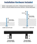Installation diagram for Matte Black Square Cabinet Handles 30 Pack Stainless Steel Pulls showing screw sizes and thread depths.